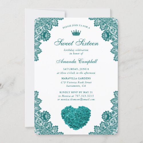 Teal Floral Sweet Sixteen 16 Birthday Invitation