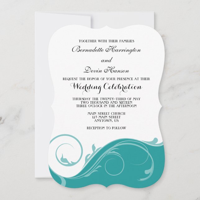 Teal Floral Swirl Bracket Wedding Invites (Front)