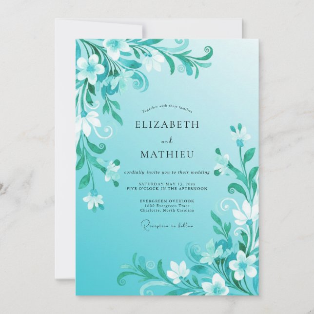 Teal Floral Swirl Wedding Invitation (Front)