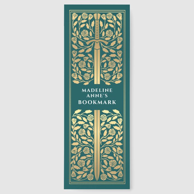 Teal Floral Sword Medieval Fantasy Name Bookmarks (Front)