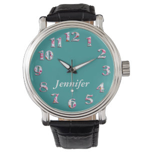 Teal floral textile big numbers with name watch