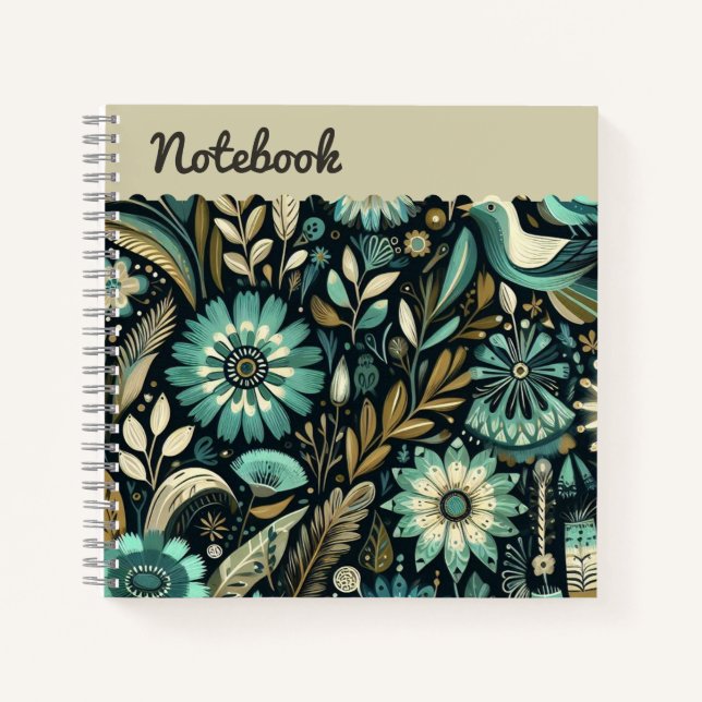 Teal floral Top label square Notebook (Front)