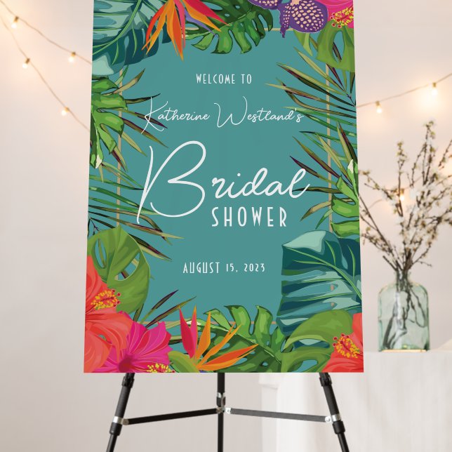 Teal Floral Tropical Bridal Shower Welcome Sign (In Situ (Stand))