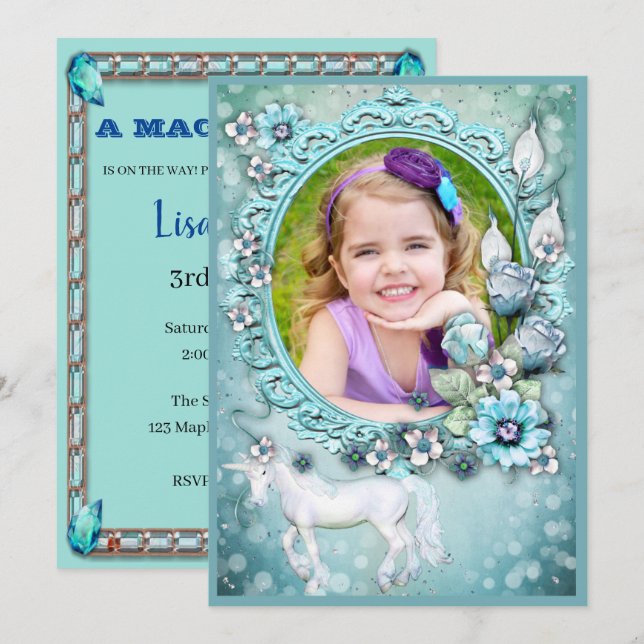 Teal Floral Unicorn Photo Birthday Party Invitation (Front/Back)