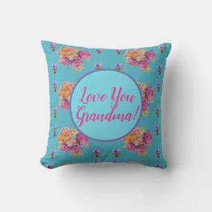 Teal Floral Watercolour Love You Grandma Cushion
