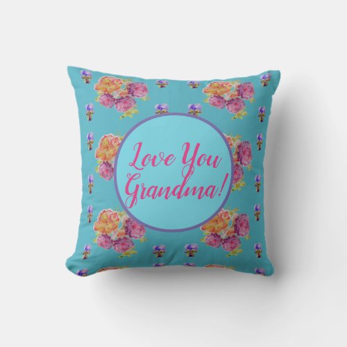 Teal  Floral Watercolour Love You Grandma Cushion