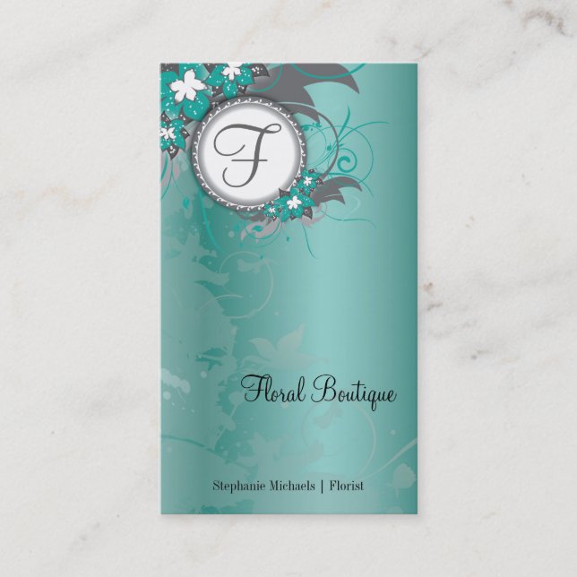 Teal Floral Wedding Elegant Business Card Monogram (Front)