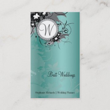 Teal Floral Wedding Elegant Business Card Monogram by OLPamPam at Zazzle