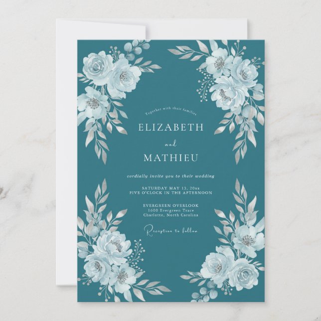 Teal Floral Wedding Invitation (Front)