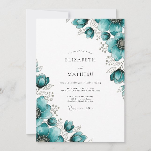 Teal Floral Whimsical Wedding Invitation (Front)