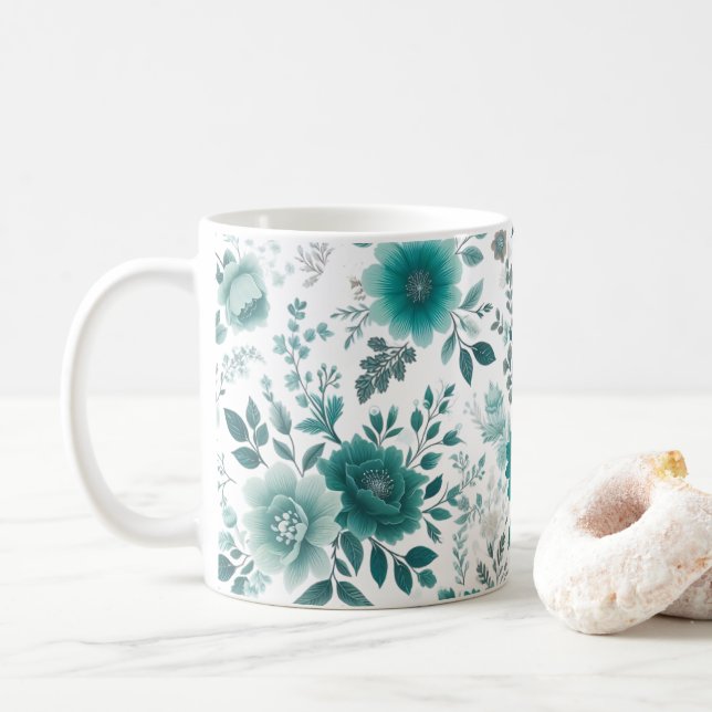 Teal Florals | Elegant Botanical Flower Coffee Mug (With Donut)