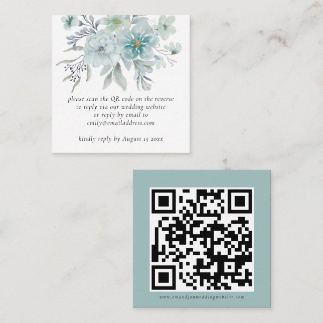 Teal Florals QR Code Wedding RSVP Enclosure  Note Card (Front/Back)