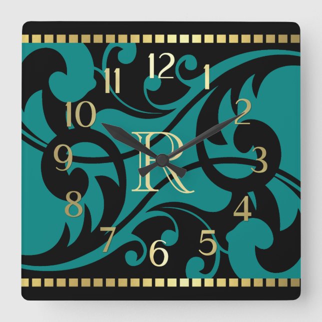 Teal Flourish Design Gold Border with Monogram Square Wall Clock (Front)