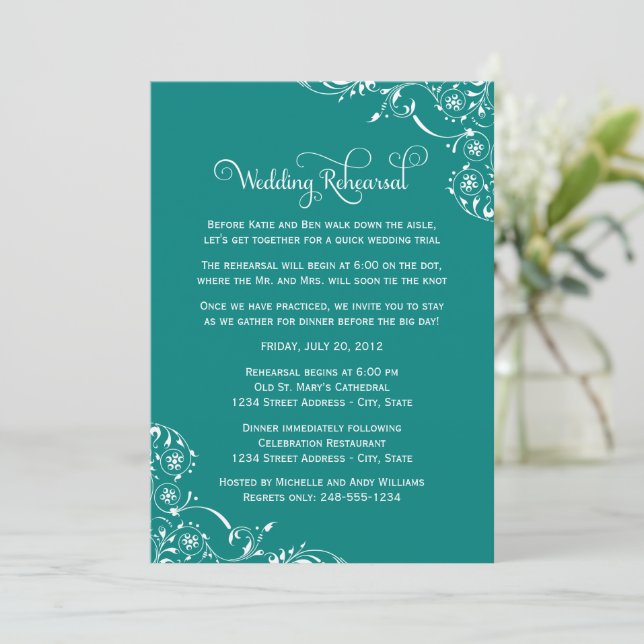 Teal Flourish Wedding Rehearsal Invitation (Standing Front)