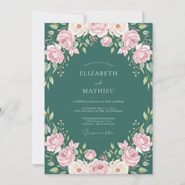 Teal Flourishing Rose Wedding Invitation (Front)