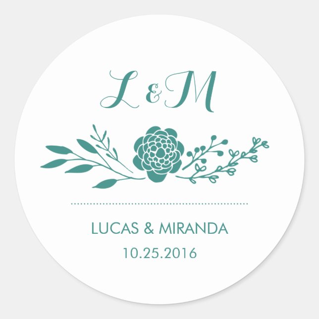 Teal Flower and Leaf Wreath Wedding Favor Sticker (Front)