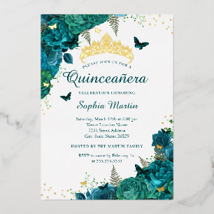 Teal Flower Butterfly Elegant Quinceanera Foil Invitation
