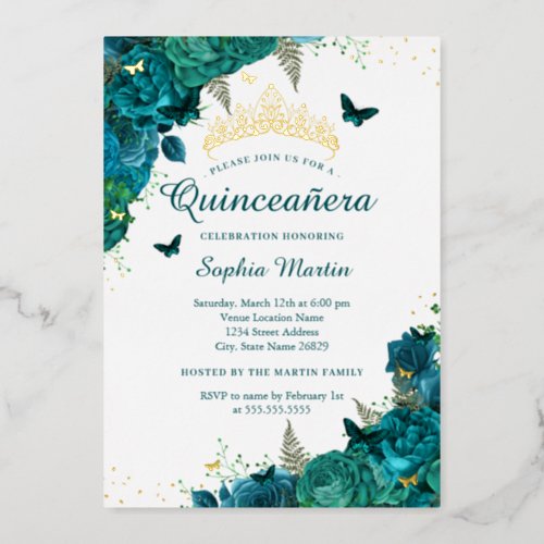 Teal Flower Butterfly Elegant Quinceanera  Foil Invitation