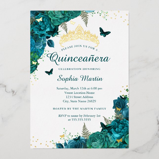 Teal Flower Butterfly Elegant Quinceanera  Foil Invitation (Front)