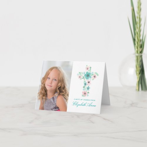 Teal Flower Cross First Communion Thank You