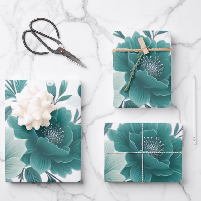 💐Teal Flower Delight Wrapping Paper Sheets (Front)
