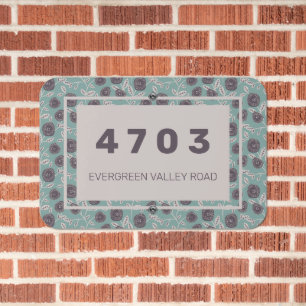 Teal Flower House Number Address Metal Sign