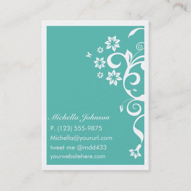 Teal Flower Personal QR Large Business Card (Front)