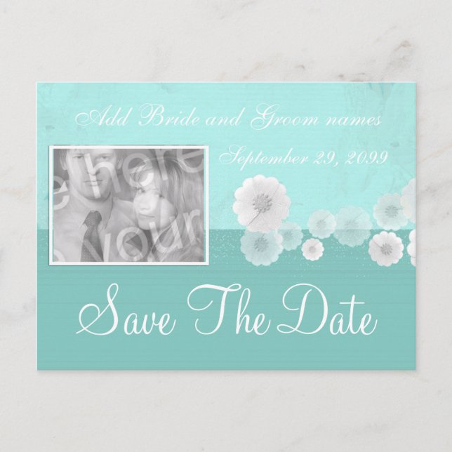 Teal Flower Save the Date Photo Invitation (Front)