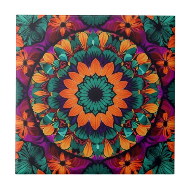 Teal flower with black center ceramic tile (Front)