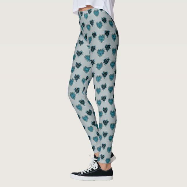 Teal Flowered Hearts Leggings (Left)