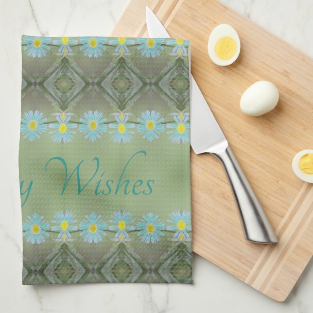 Teal flowered patterned design kitchen towel (Quarter Fold)