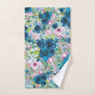 Teal Flowers and Pink Roses on Teal Hand Towel