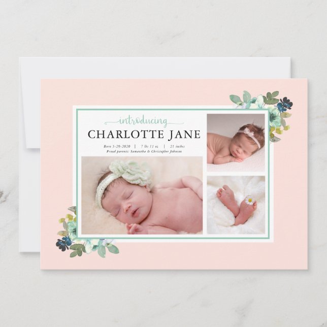 Teal Flowers Baby Photo Collage Birth Announcement (Front)