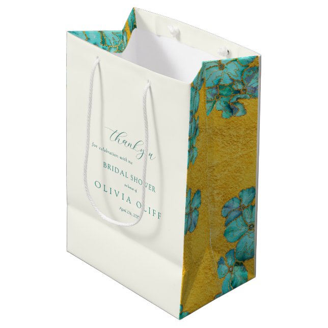 Teal Flowers Bridal Shower Medium Gift Bag (Front Angled)