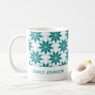 Teal flowers custom name white coffee mug