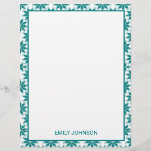 Teal flowers custom name white letterhead