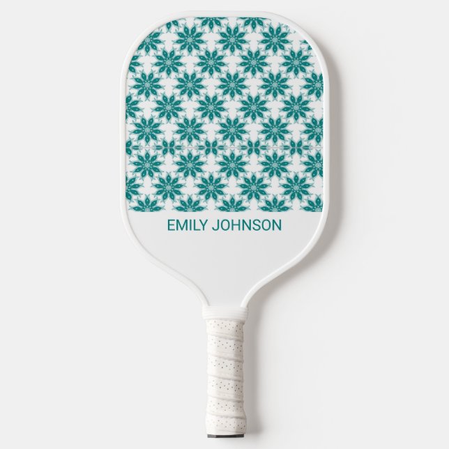 Teal flowers custom name white pickleball paddle (Front)
