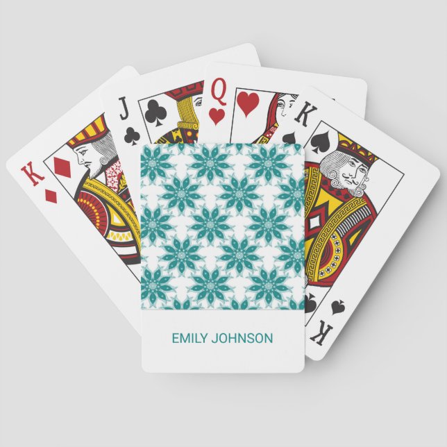 Teal flowers custom name white poker cards (Back)