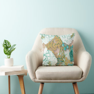 Teal Flowers over Watercolor Pink Throw Pillow