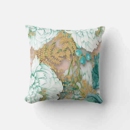 Teal Flowers over Watercolor Pink Throw Pillow