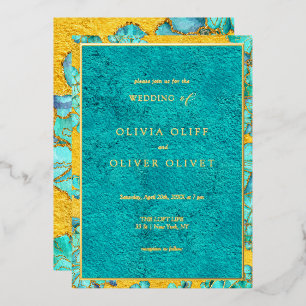 Teal Flowers Wedding Foil Invitation