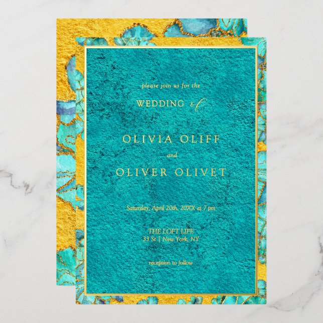 Teal Flowers Wedding Foil Invitation (Front/Back)