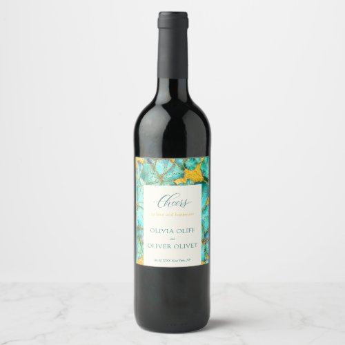 Teal Flowers Wedding  Wine Label