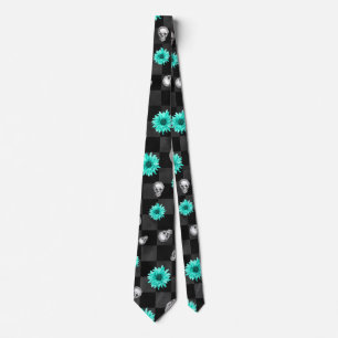 Teal Flowers with Skulls on Black and Grey Checker Neck Tie