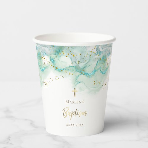 teal fluid marble Baptism Paper Cups