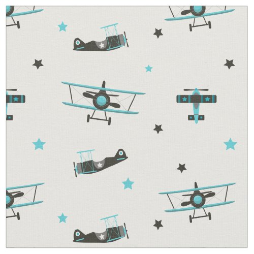 Teal Flying Retro Airplane Stars Pattern Fabric
