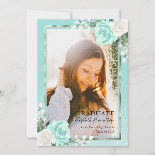 Teal  Foil Silver Floral Grad  Announcement Photo