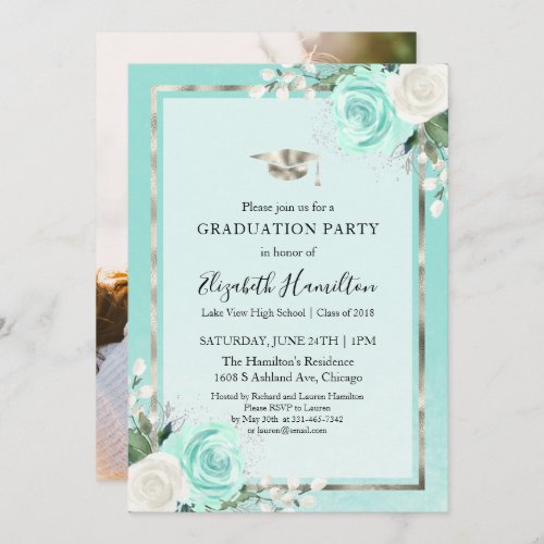 Teal  Foil Silver Floral Graduation Party Photo Invitation