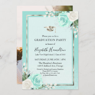 Teal & Foil Silver Floral Graduation Party Photo Invitation