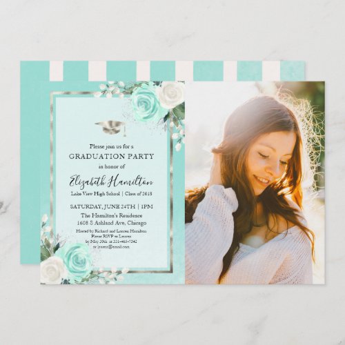 Teal  Foil Silver Floral Graduation Party Photo Invitation